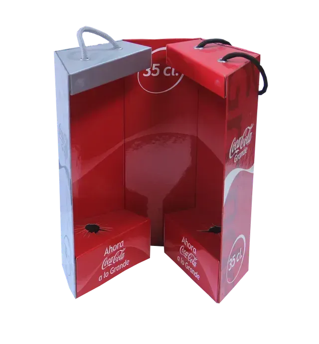 Una caja de Coca Cola roja y blanca con asas.