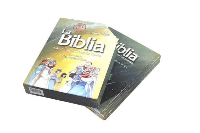 Dos libros de la Biblia están apilados uno encima del otro sobre un fondo blanco.