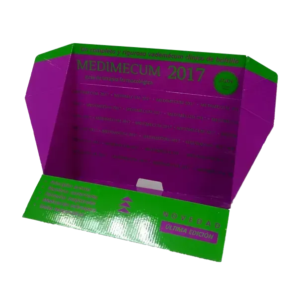 Una caja morada y verde con una franja verde en el lateral.