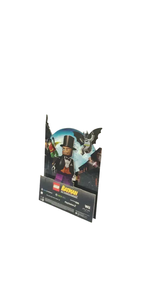 Una tarjeta de la película Lego Batman con el pingüino y Batman.