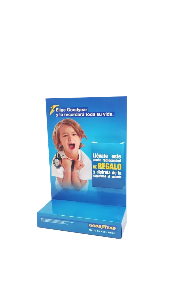 Una caja azul con la foto de un niño.