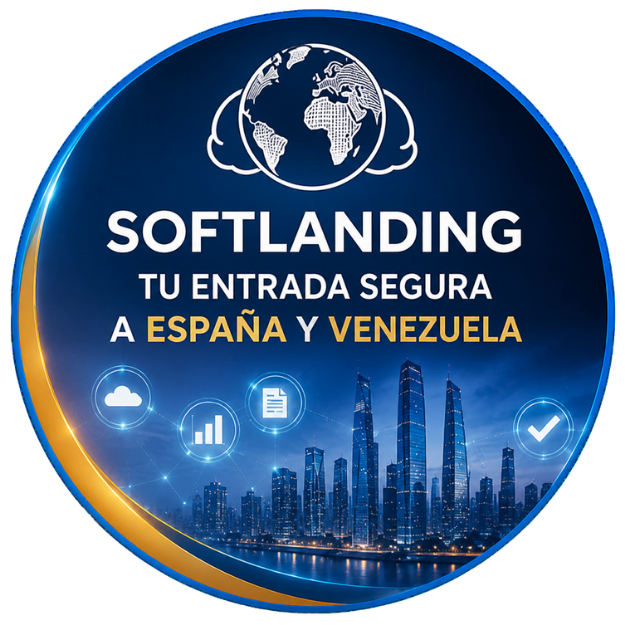Logo azul de Softlanding con globo, skyline nocturno y texto “Tu entrada segura a España y Venezuela”