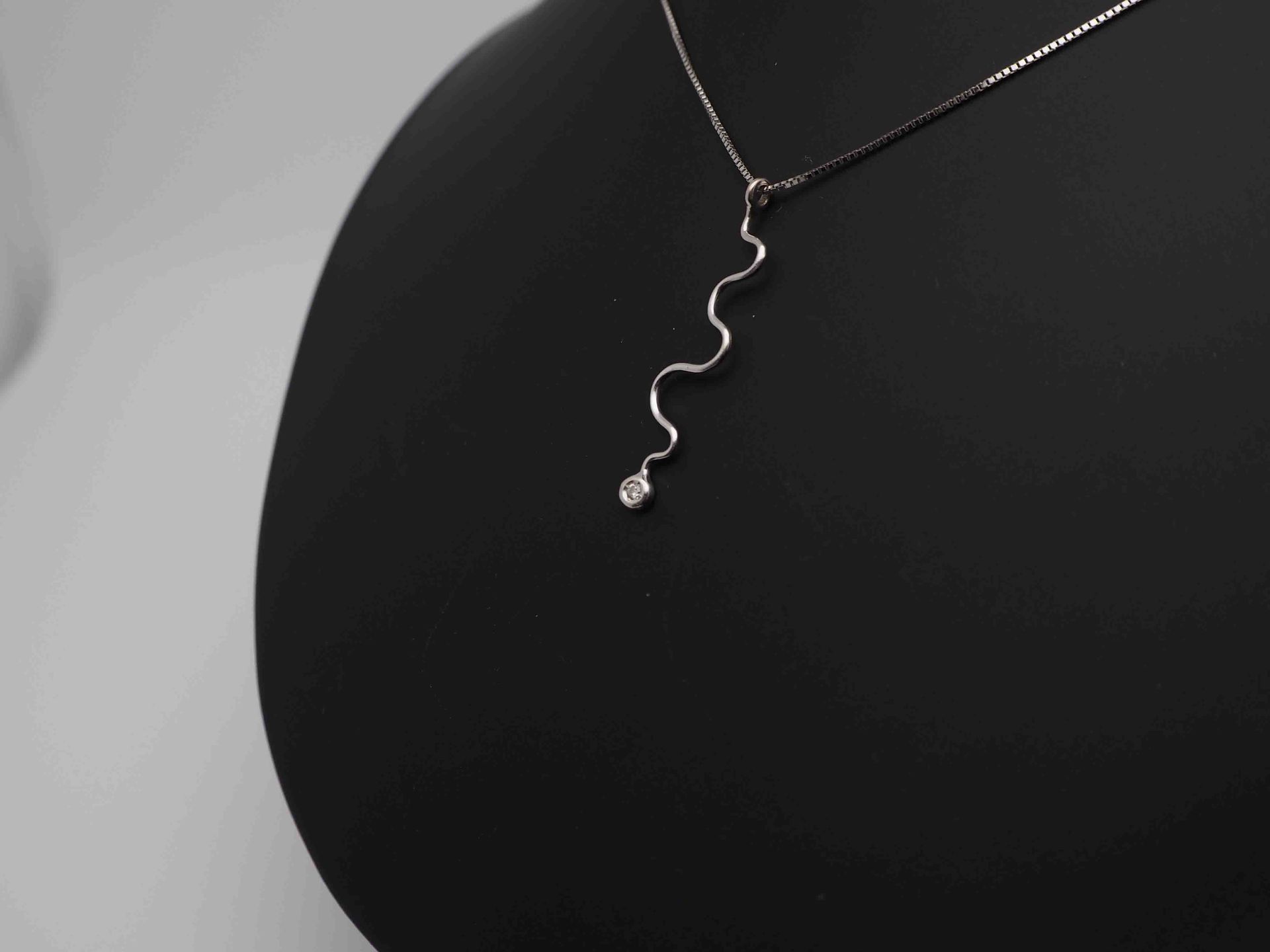 Un collar con un colgante en forma de serpiente está sobre un maniquí negro.