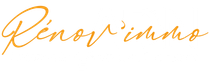 Logo pour Réno'v immo en lettres dorées sur fond blanc.