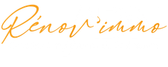 Logo pour Réno'v immo en lettres dorées sur fond blanc.