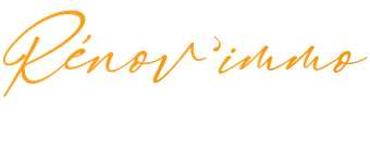 Logo pour Réno'v immo en lettres dorées sur fond blanc.