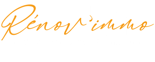 Logo pour Réno'v immo en lettres dorées sur fond blanc.