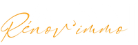 Logo pour Réno'v immo en lettres dorées sur fond blanc.