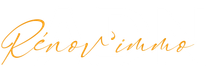 Logo pour Réno'v immo en lettres dorées sur fond blanc.
