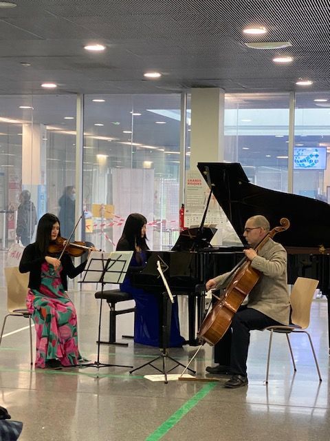 Trois musiciens se produisent : violon, piano et violoncelle, dans un espace lumineux et moderne.