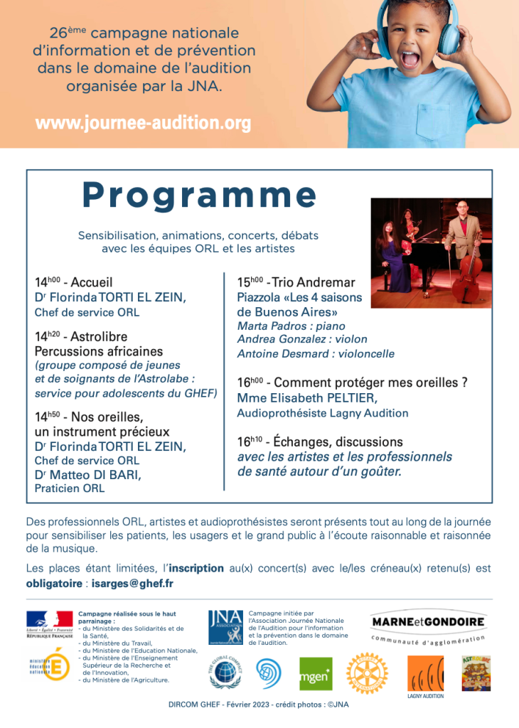 Affiche : Campagne nationale de sensibilisation à la santé auditive. Garçon avec casque audio, emploi du temps, photo d’un spectacle musical.