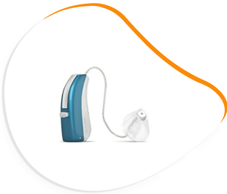 Appareil auditif bleu et blanc avec un dôme auriculaire transparent, sur fond blanc avec une courbe orange.