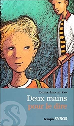 Illustration de couverture : Deux garçons, l’un en gros plan, l’air soucieux ; l’autre dans l’escalier. Titre : « Deux mains pour le dire ».