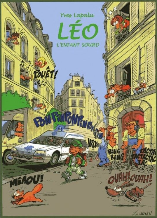 Couverture de la bande dessinée « Léo » montrant un garçon marchant dans une rue, avec des effets sonores et des personnages de dessin animé.