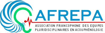 Logo de l'AFREPA, association d'équipes pluridisciplinaires francophones spécialisées dans les acouphènes. Bleu, vert, rouge.
