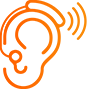Oreille orange avec appareil auditif et ondes sonores.