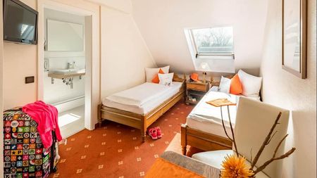 Cozy attic bedroom with twin beds, white walls, skylight, and bright orange accents