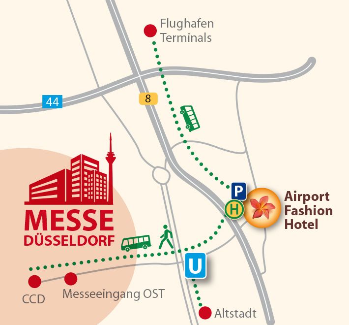 Map of Messe Düsseldorf with green dotted route from Flughafen terminals to the fairground and nearby hotel