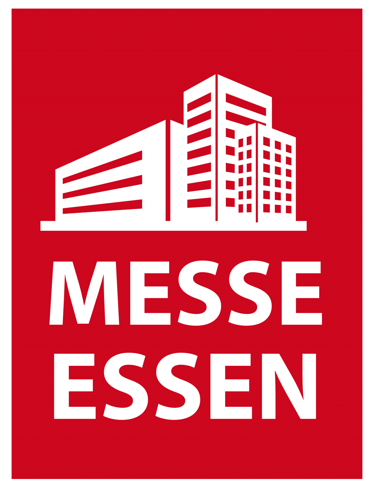 Messe Essen logo: white building icon and text on a red background