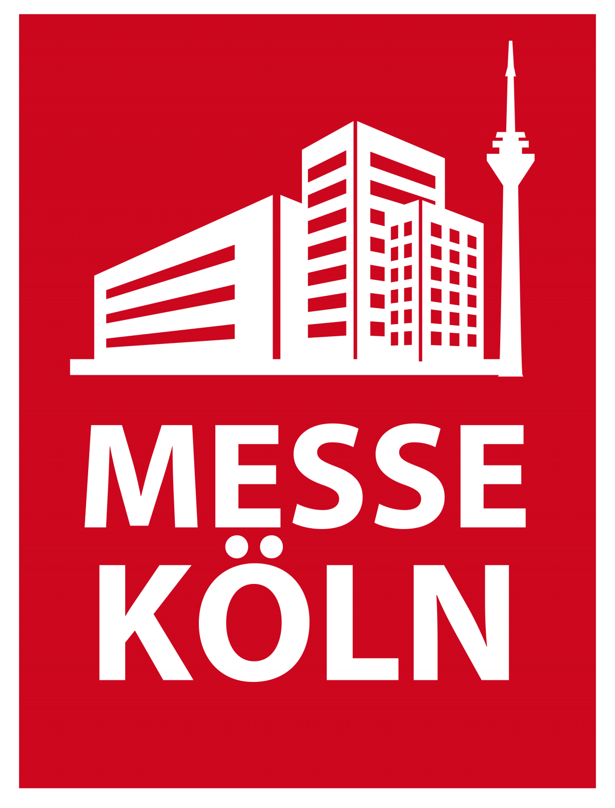 Red Messe Köln logo with white building silhouette and tower on a red background