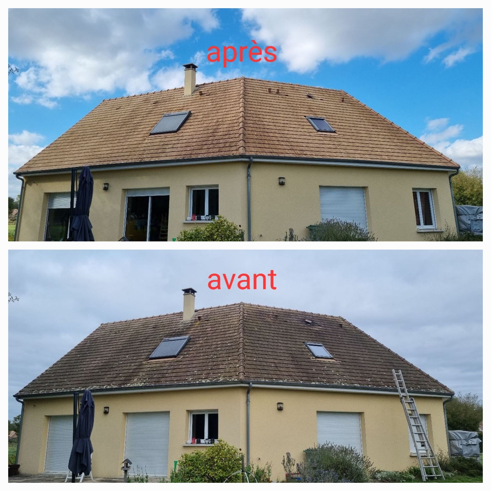 Nettoyage de toiture de maison avec fenêtres de toit