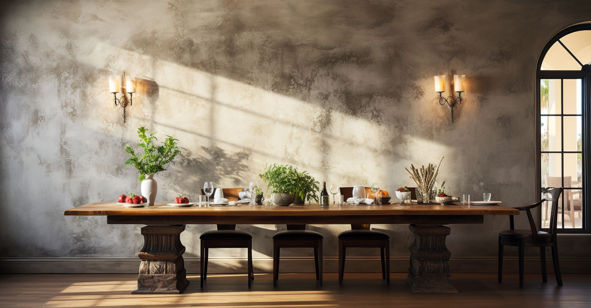 Illustration abstraite de montagnes stylisées et d'un soleil sur fond gris.