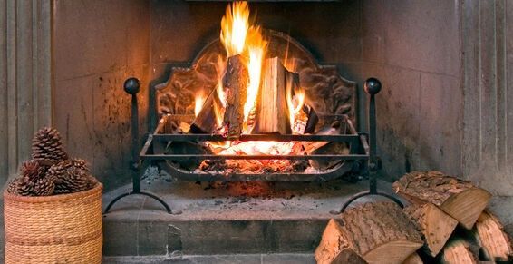 Une cheminée accueillante avec un feu crépitant dans une grille métallique, un panier de pommes de pin et un tas de bois de chauffage à proximité.