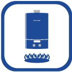 Icône bleue représentant un chauffe-eau à gaz mural au-dessus d'une flamme.