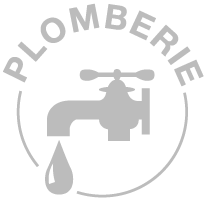 Un logo gris clair représentant un robinet et une goutte d'eau, entouré du texte PLOMBERIE.