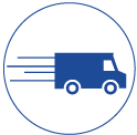 Un camion de livraison se déplaçant rapidement, la vitesse étant indiquée par des lignes horizontales, le tout étant inscrit dans un cercle.