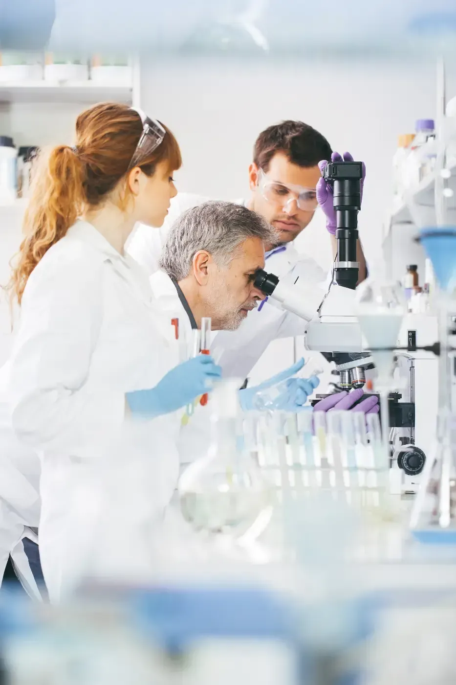 Wissenschaftler arbeiten in einem Labor und untersuchen Proben unter dem Mikroskop.