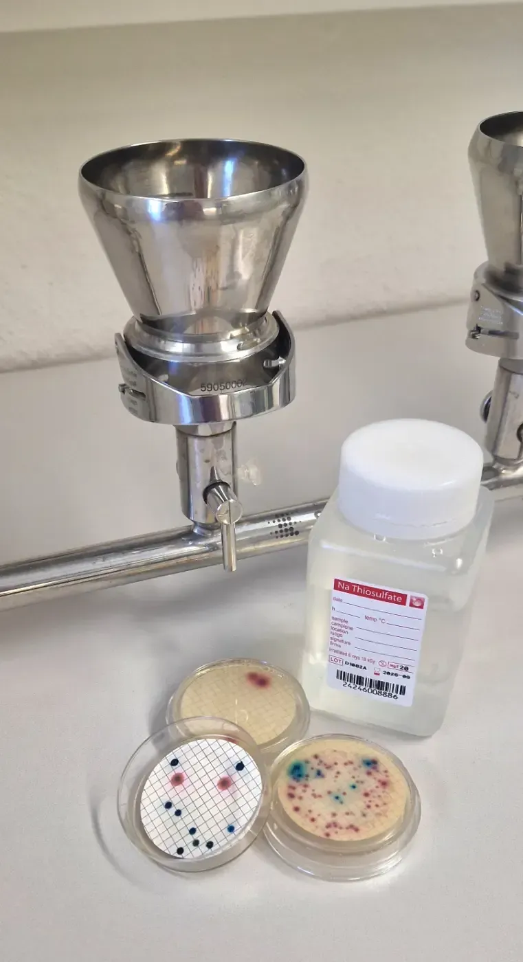 Laborspülbecken mit Metalldüse, Trichter, Probenbehälter und Petrischalen auf der Arbeitsfläche