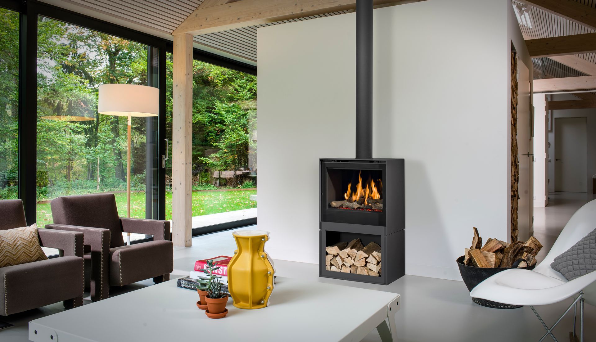 Poêle à Gaz modèle G963 M - LPG de la marque Piazzetta avec revêtement en Faïence, installé près d'un Mur