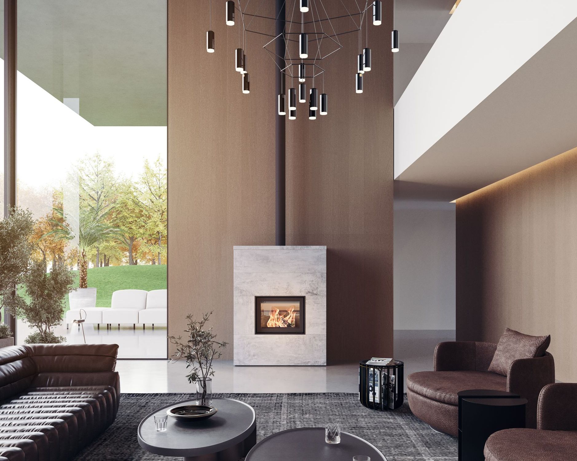 Pôle à bois design au centre d'un salon