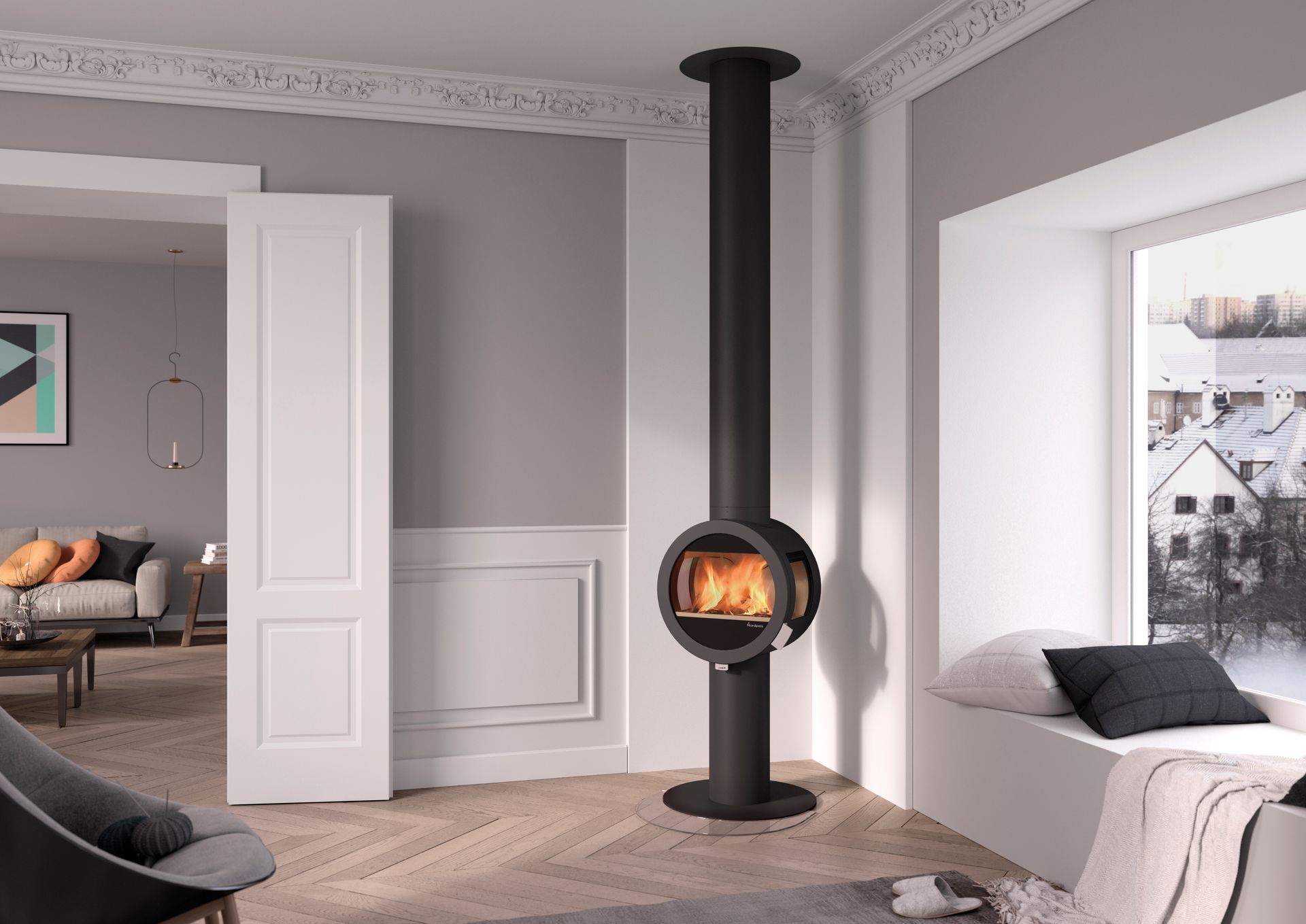 Poêle à bois posé devant un mur avec tuyau apparent