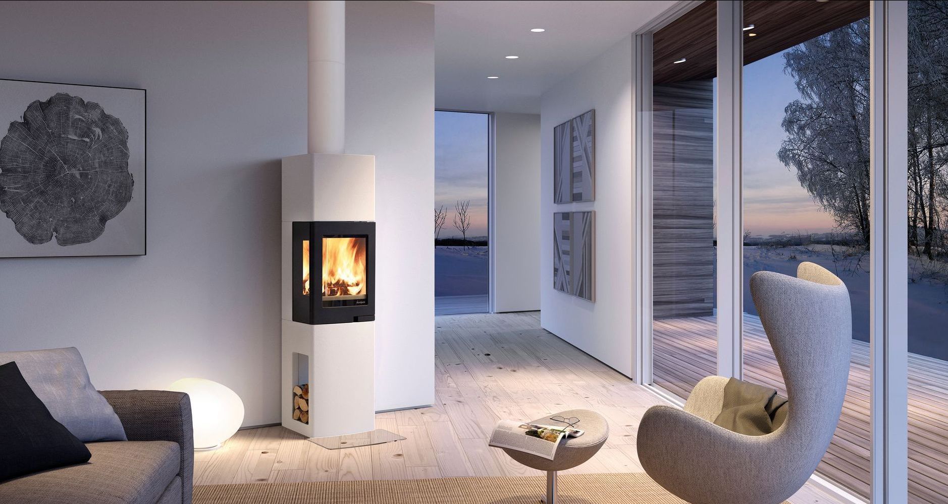 Poêle à granuler dans un salon avec mur en bois