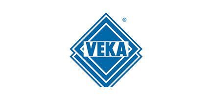 Un logotipo de Veka azul y blanco sobre un fondo blanco.
