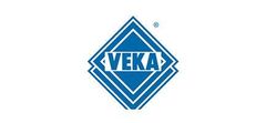 Un logotipo de Veka azul y blanco sobre un fondo blanco.