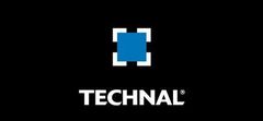 Un logotipo para Technal con un cuadrado azul sobre un fondo negro.