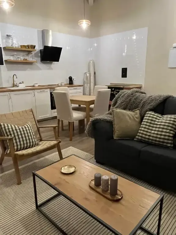 Acogedora sala de estar con cocina. Muebles de madera clara, sofá oscuro con cojines y tonos neutros.