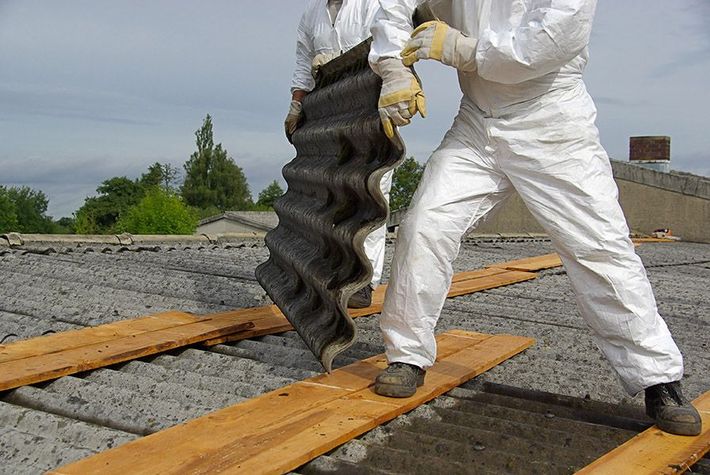 Dos hombres con monos blancos están trabajando en un tejado.