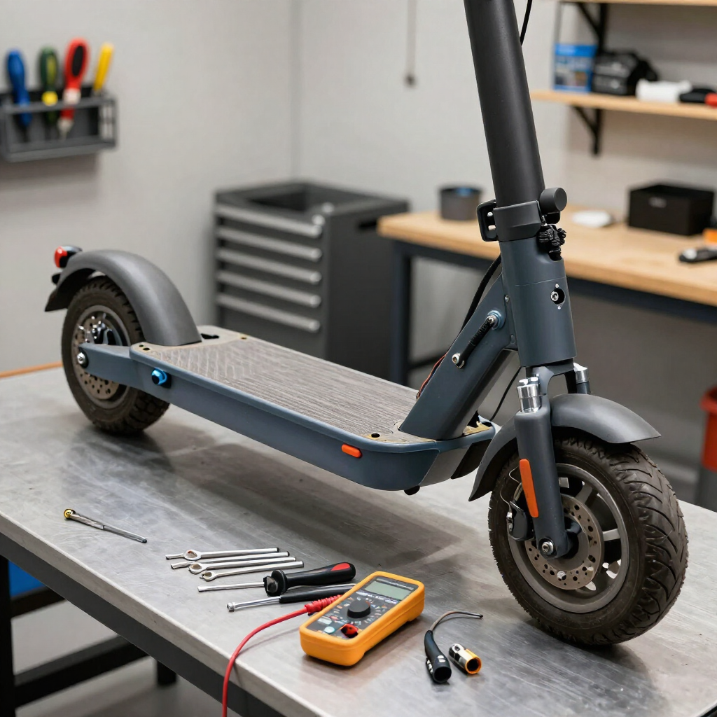 Patinete eléctrico sobre un banco de trabajo con herramientas y un multímetro en un taller.