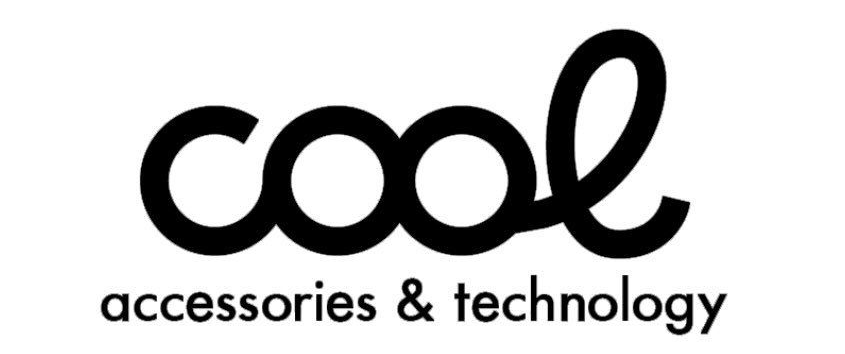 Un logotipo genial con las palabras «accesorios y tecnología» debajo, en negro sobre fondo blanco