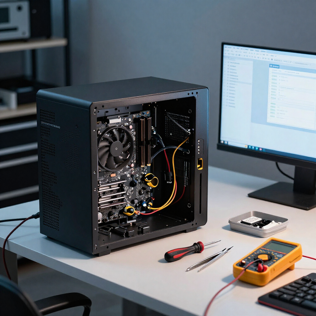 PC de sobremesa abierto sobre un escritorio, con herramientas, un monitor y componentes electrónicos en un espacio