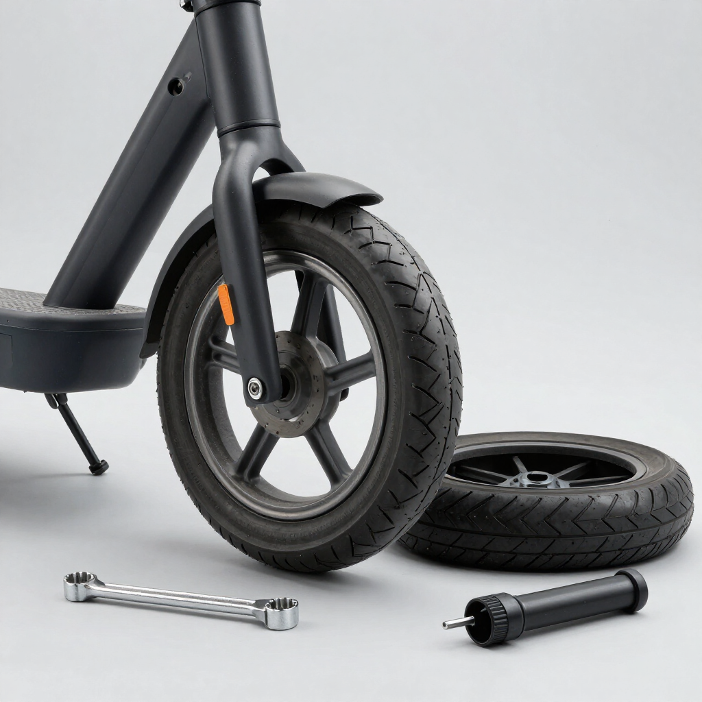 Rueda delantera de patinete eléctrico con herramientas de reparación y una rueda de repuesto sobre un fondo claro