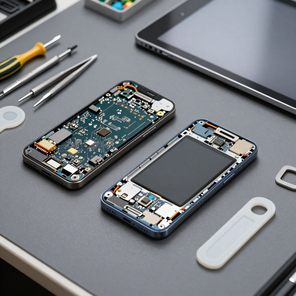 Smartphone desmontado en un banco de trabajo de reparación, con herramientas y las dos mitades del teléfono