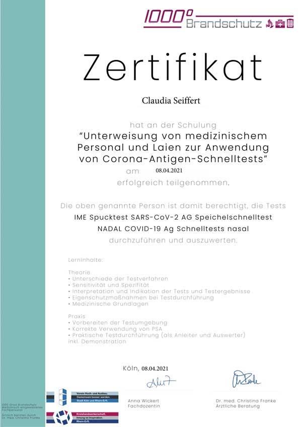 Es ist ein Zertifikat mit der Aufschrift „Zertifikat“.