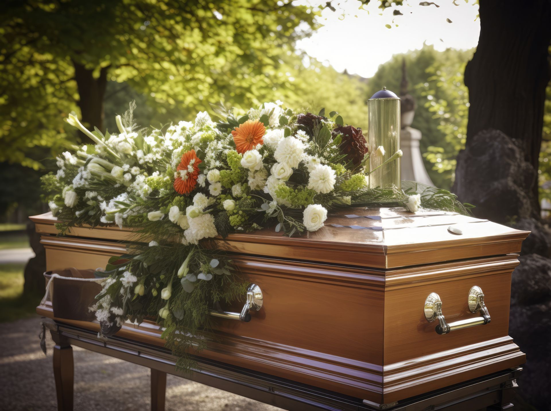 Un cercueil fleuri dans un cimetière avant l'enterrement