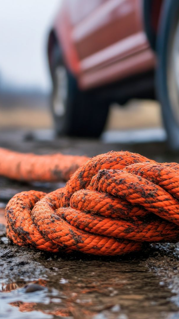 Câble de remorquage orange sur un sol humide et boueux, avec le pneu rouge d'un véhicule flou en arrière-plan.