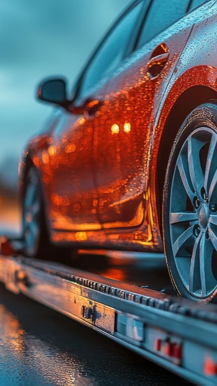 Voiture rouge sur le plateau d'une dépanneuse ; mouillée par la pluie, reflétant les lumières, sur fond de ciel nuageux.